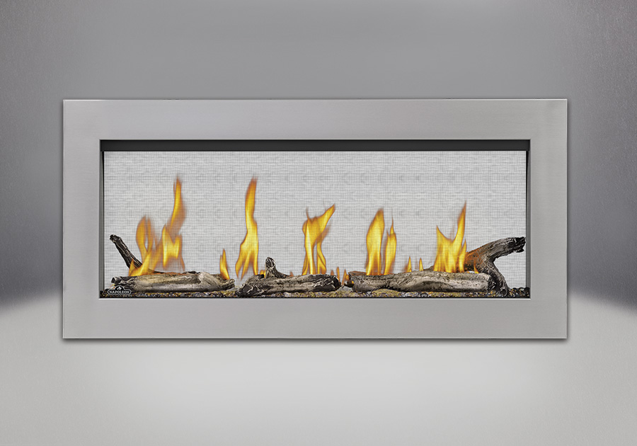 Surround in Stainless Steel, shown with Clear Glass Beads and Beach Fire Kit, MIRRO-FLAME<sup>™</sup> Porcelain Reflective Radiant Panels