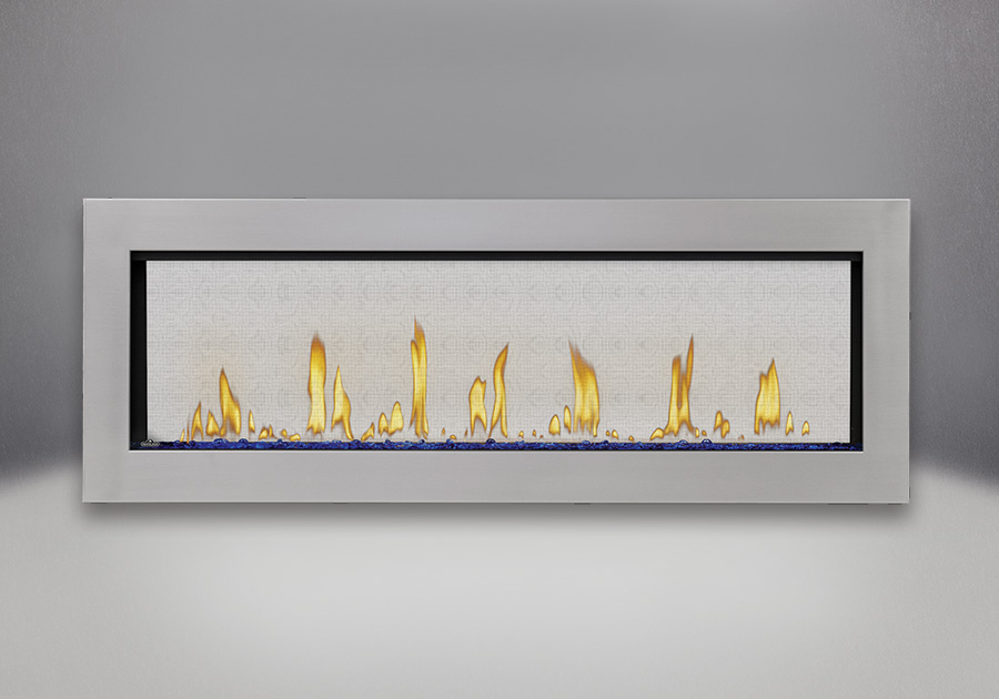 Flush Frame in Stainless Steel, shown with Blue Glass Beads, MIRRO-FLAME<sup>™</sup> Porcelain Reflective Radiant Panels
