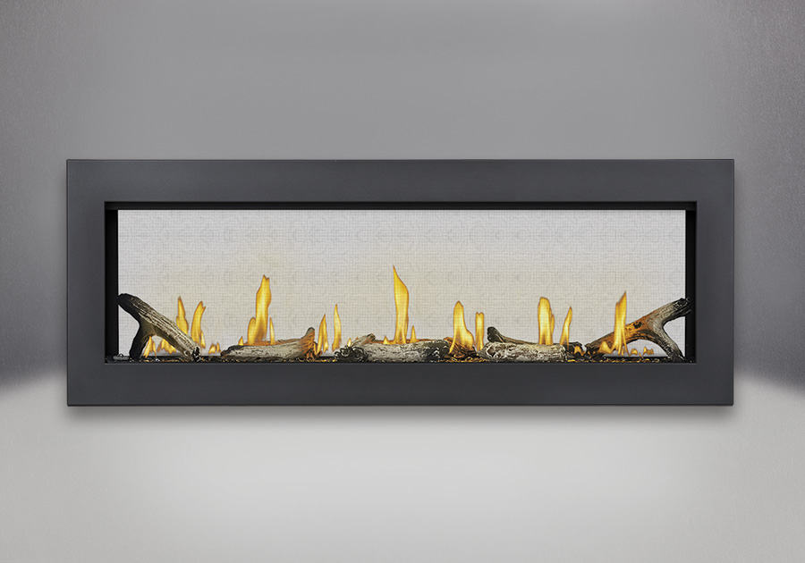 Flush Frame in Powder Coat Black, shown with Clear Glass Beads, Driftwood Media, MIRRO-FLAME<sup>™</sup> Porcelain Reflective Radiant Panels
